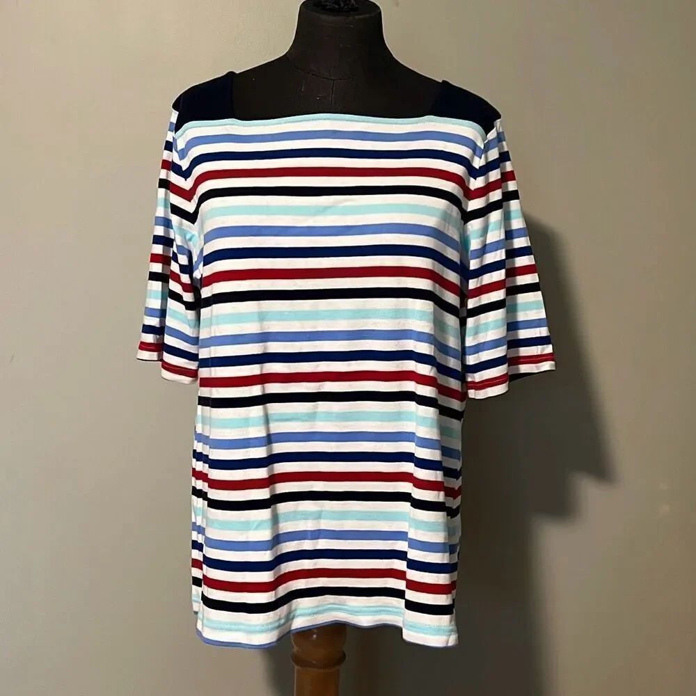 Croft & Barrow Women's Multicolor Striped Boat Neck Half Sleeve Top Blouse XL
